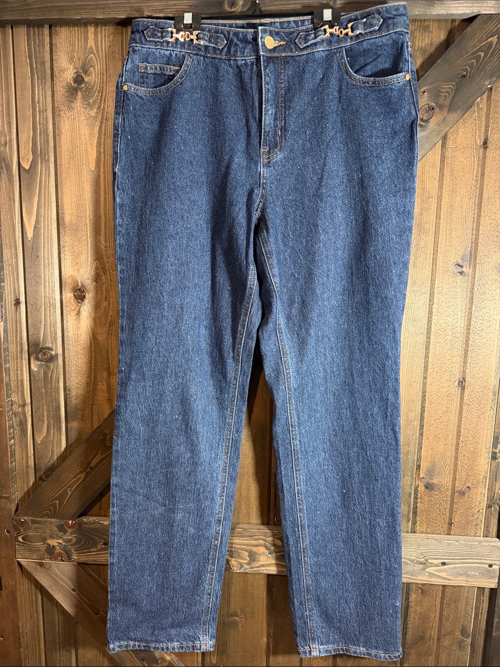 High-Rise Straight Leg Jeans in Dark Blue - Classic Womens Denim (sparkles)